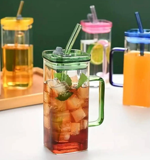 Square Glass Mug With Handle , Glass Straw & Lid