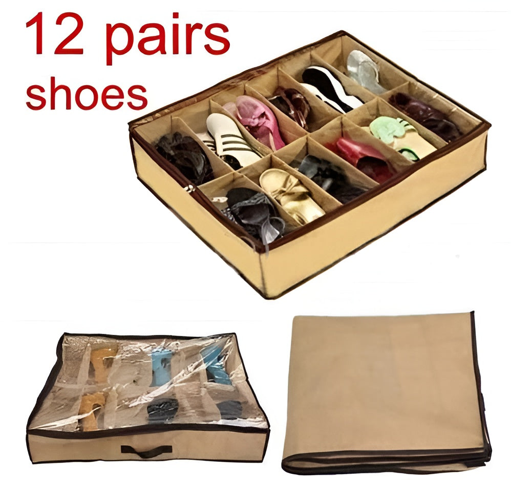 Shoe organizer with compartments filled with shoes and a clear cover on a white background.