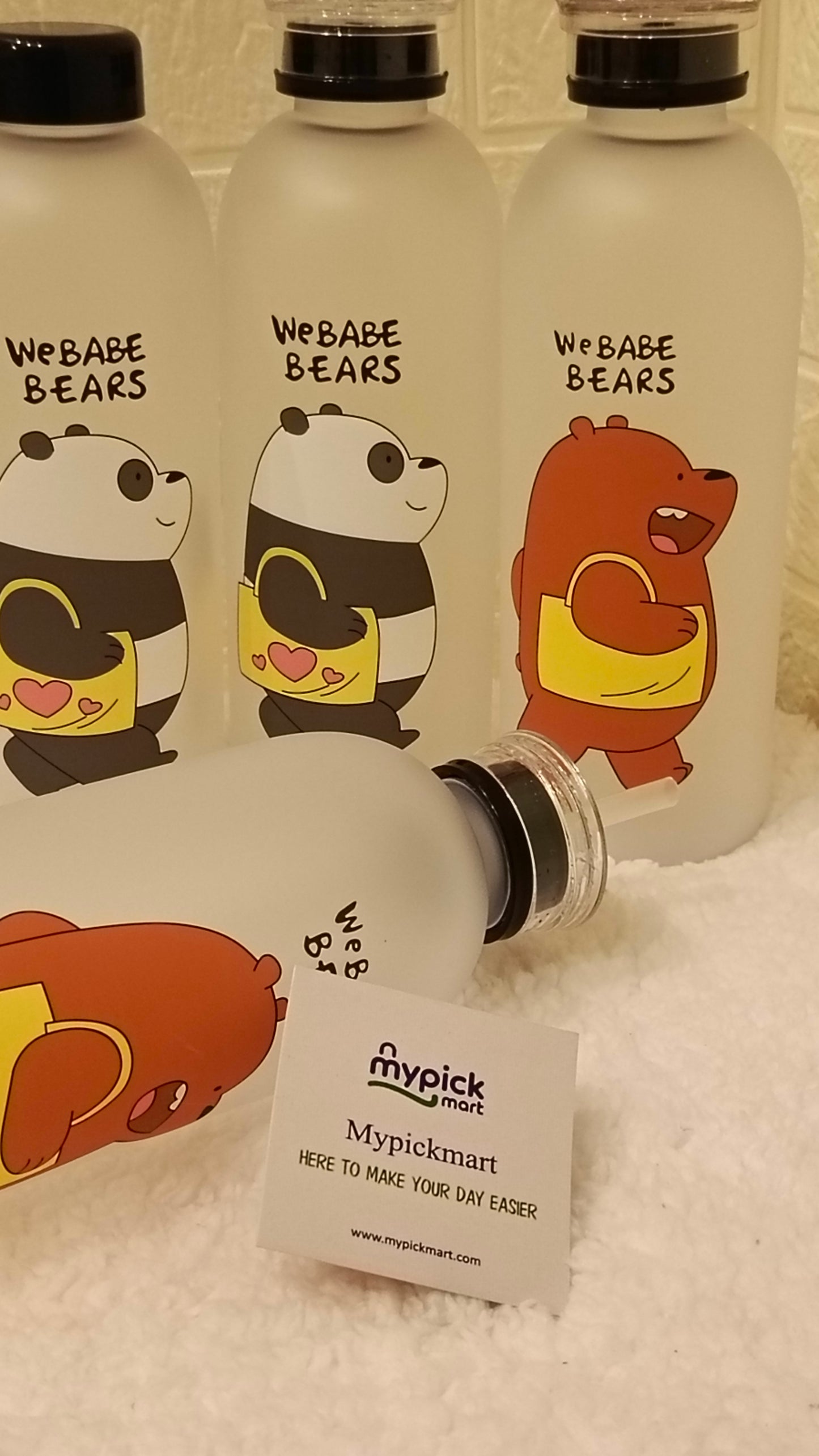 Three bottles with cartoon bear designs and a visible Mypickmart tag.