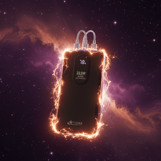 Black power adapter with digital display against a cosmic background 20000 Power bank mypickmart