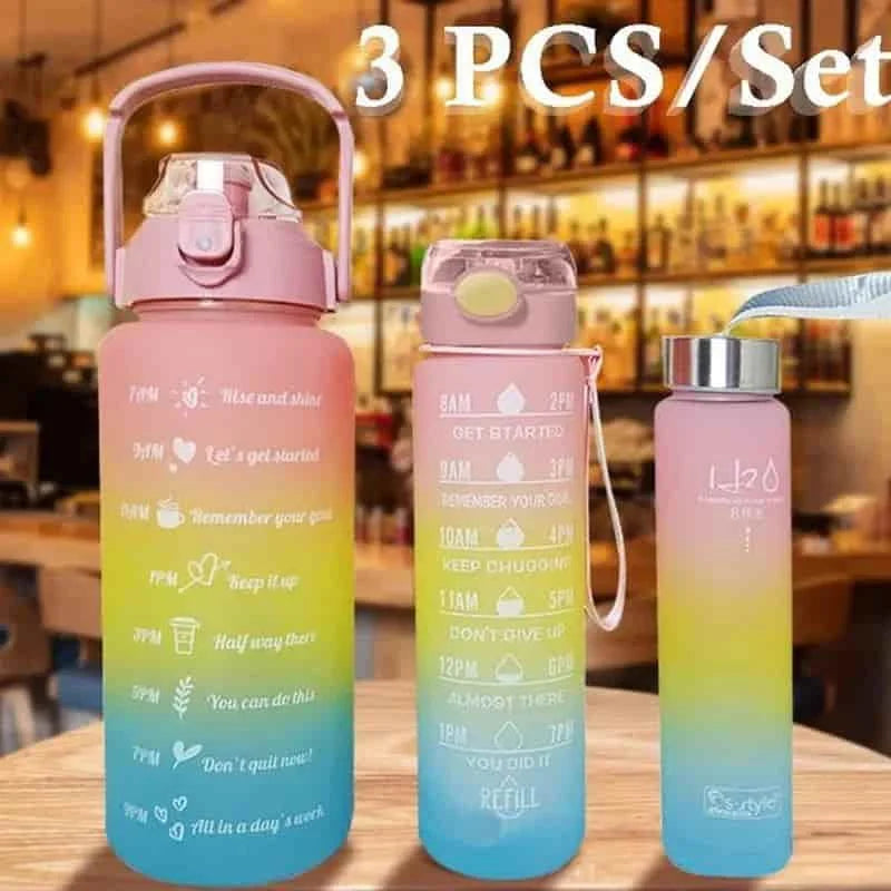 BPA-free motivational water bottle set showing 2 liter, 900ml and 300ml leak-proof fitness bottles with time markers