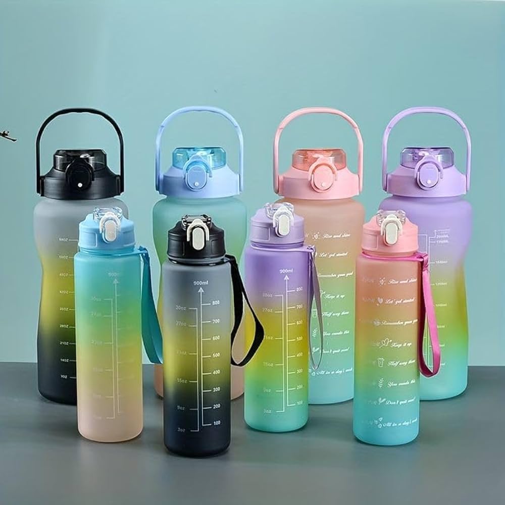 3-piece motivational water bottle set with time markers, straw and frosted gradient ombre design in 2L, 900ml and 300ml BPA-free bottles