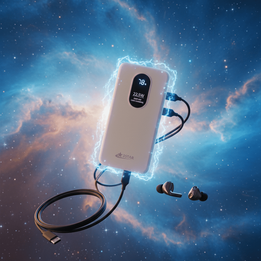 White electronic device with a digital display on a cosmic background, 20000 mah Power bank