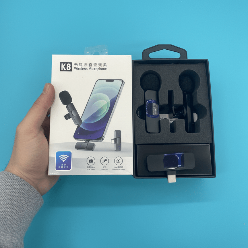 K8 wireless microphone set with packaging on a blue background my pickmart