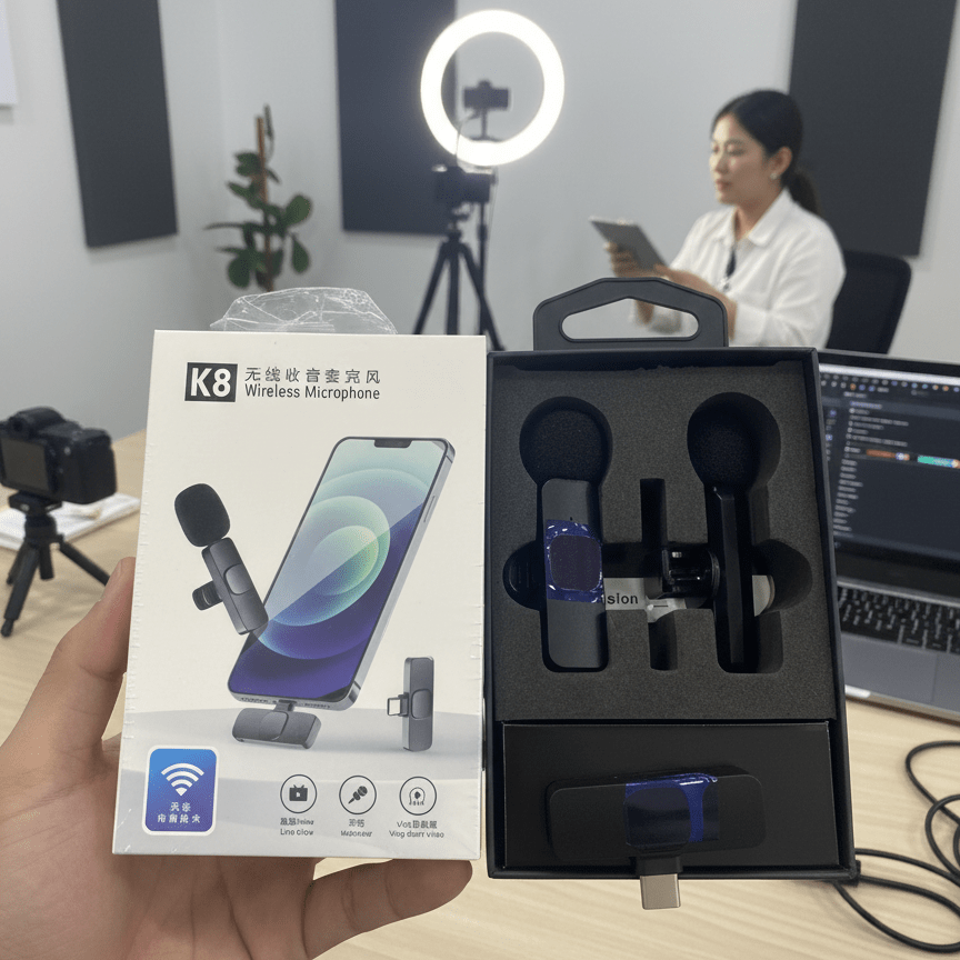 K8 wireless microphone set with packaging held by a hand, in an office setting. mypickmart