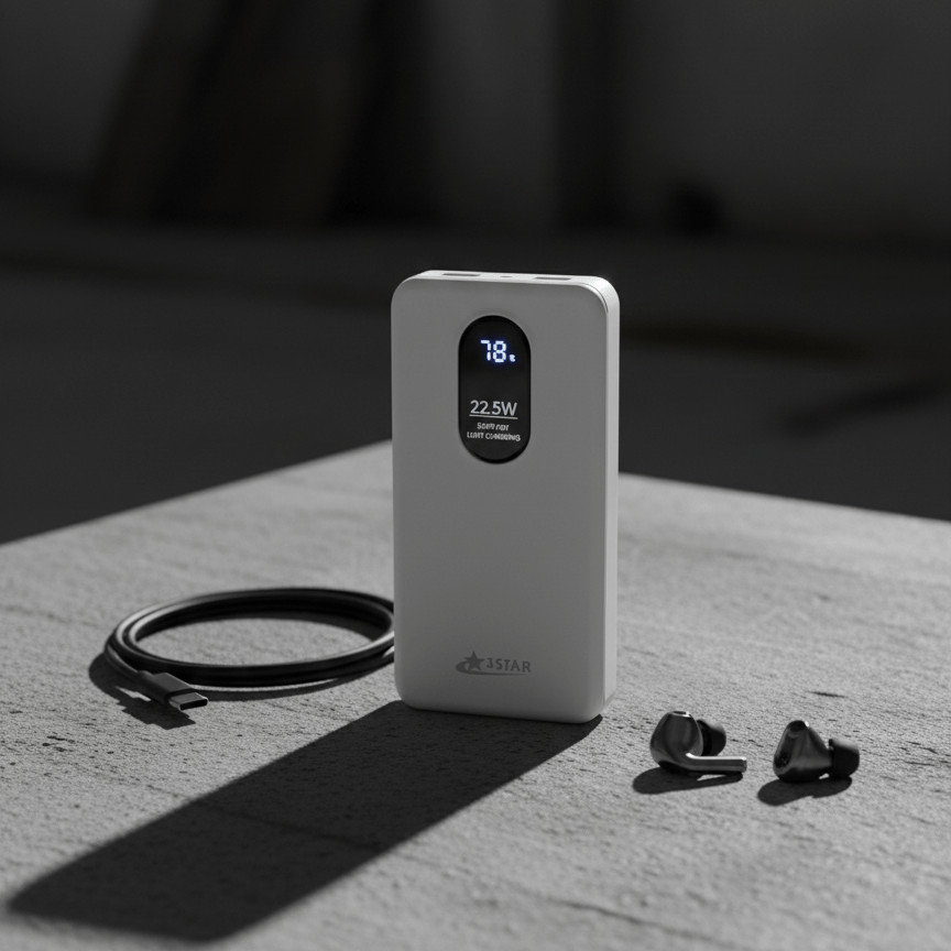 White power bank with digital display, black earbuds, and cable on a dark surface