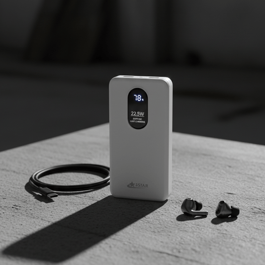White power bank with digital display, black earbuds, and cable on a dark surface