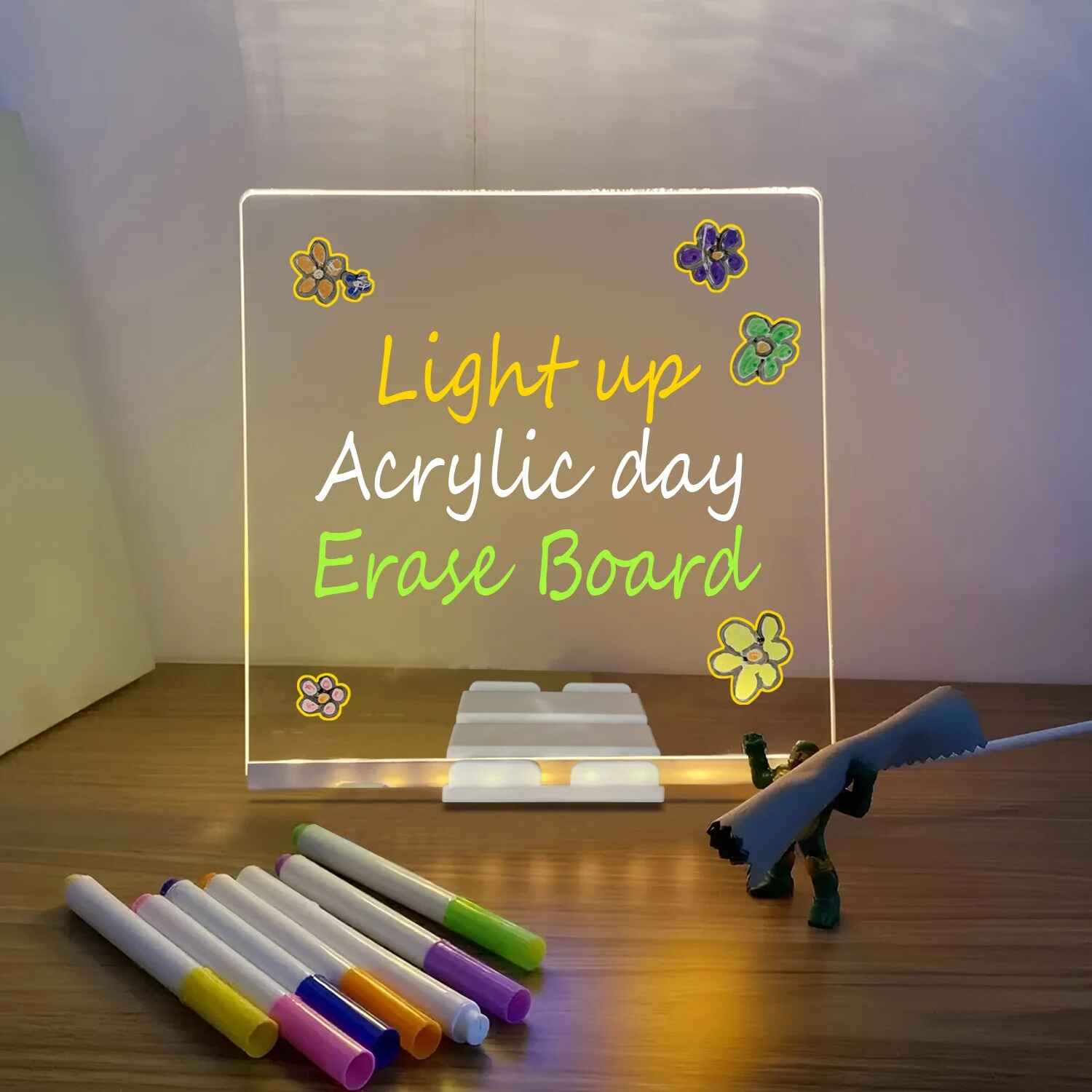 LED light-up writing board 15x15cm acrylic pad glowing with colorful LED lights and erasable note message