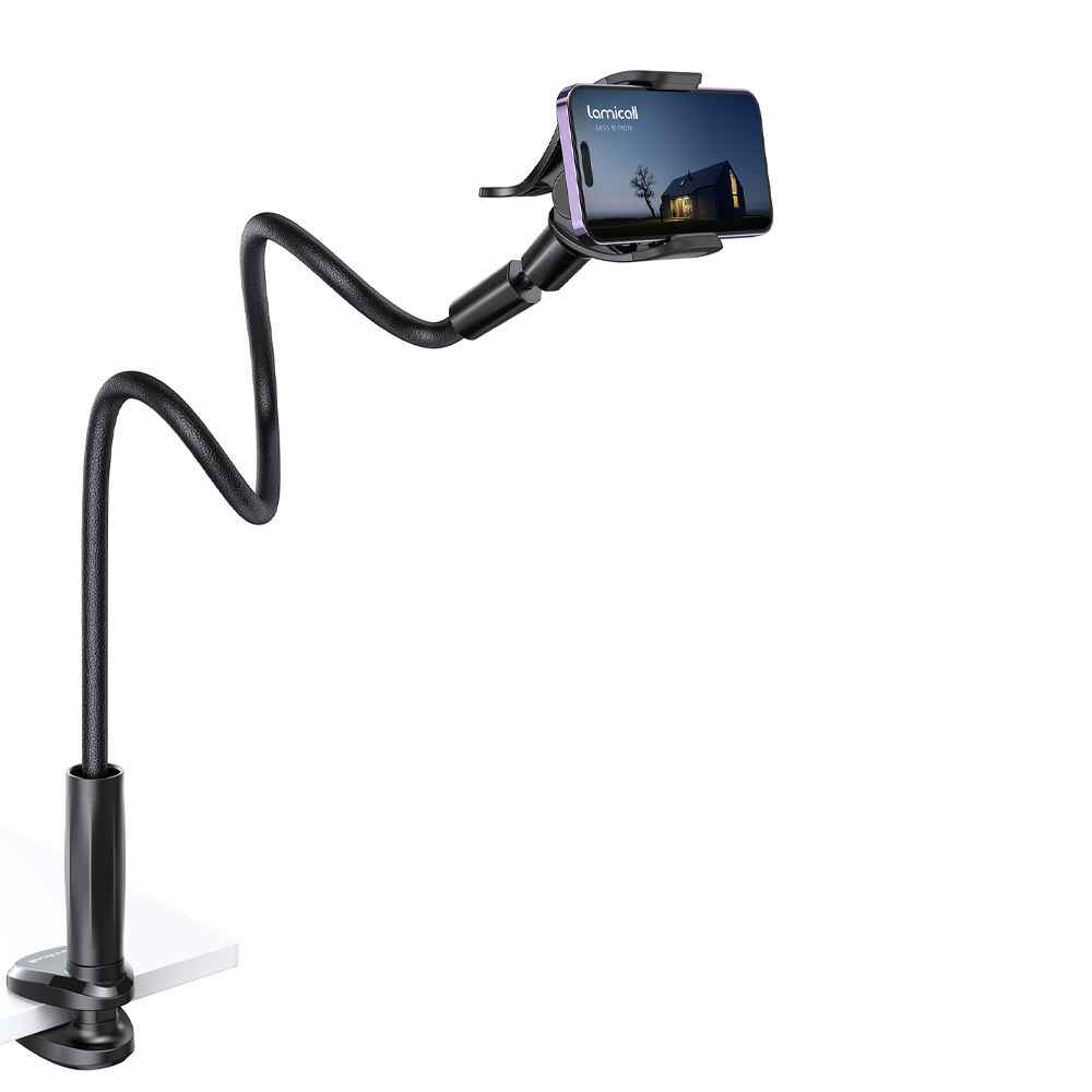 Black phone holder with a long flexible arm 