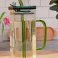 Square Glass Mug With Handle , Glass Straw & Lid