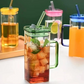 Square Glass Mug With Handle , Glass Straw & Lid