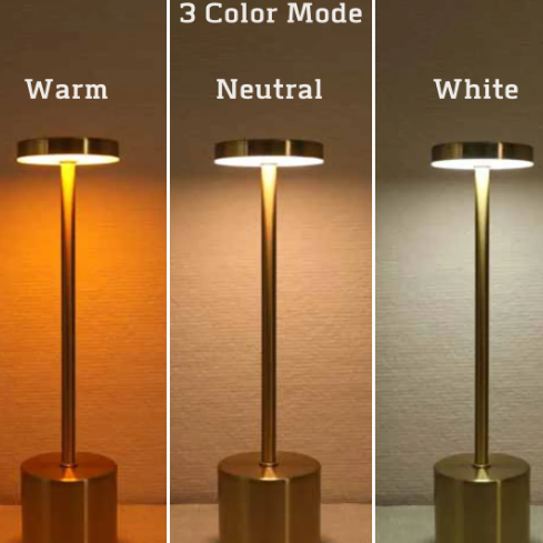 Gold floor lamp with three color modes displayed: warm, neutral, and white.