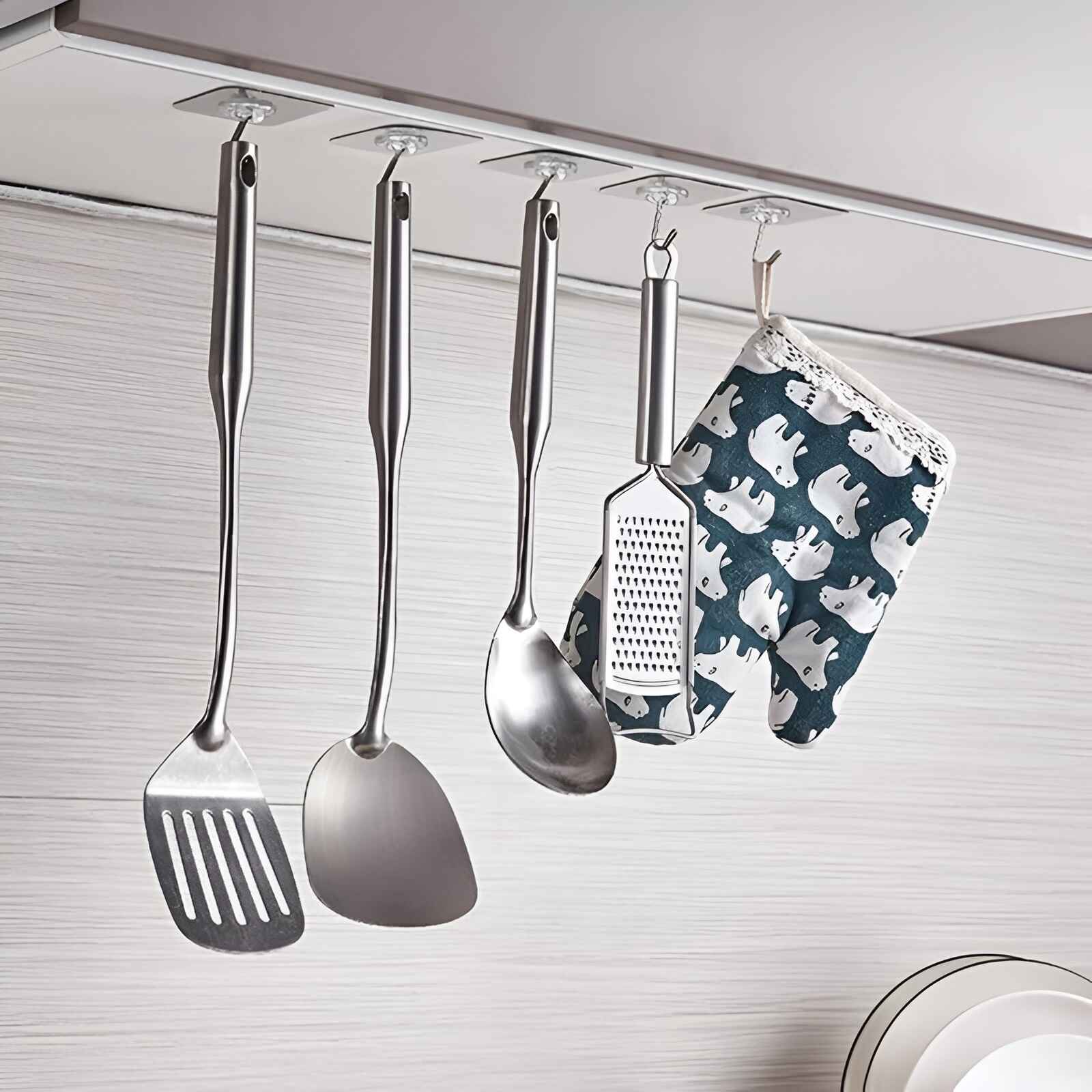 Self adhesive hooks for hanging keys towels and accessories