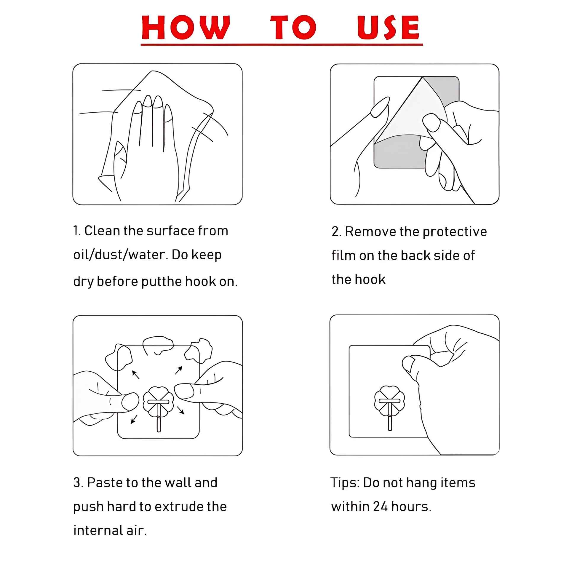 Instructions on how to use a hook, including cleaning, removing film, and pasting to the wall.