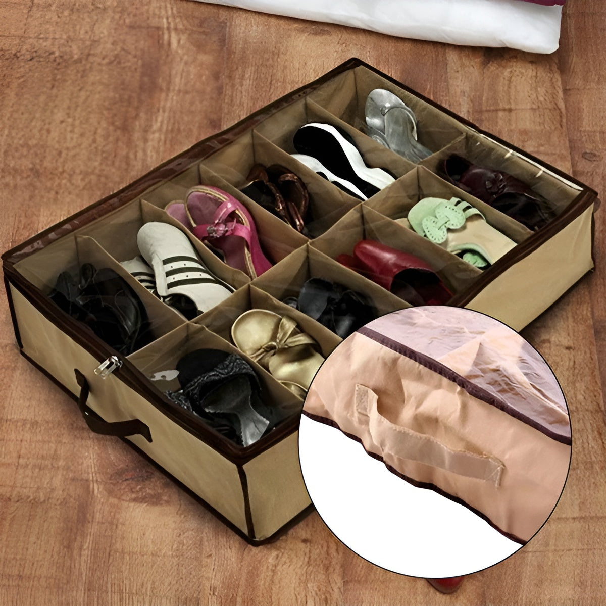 Beige shoe organizer with compartments filled with various shoes on a wooden surface.