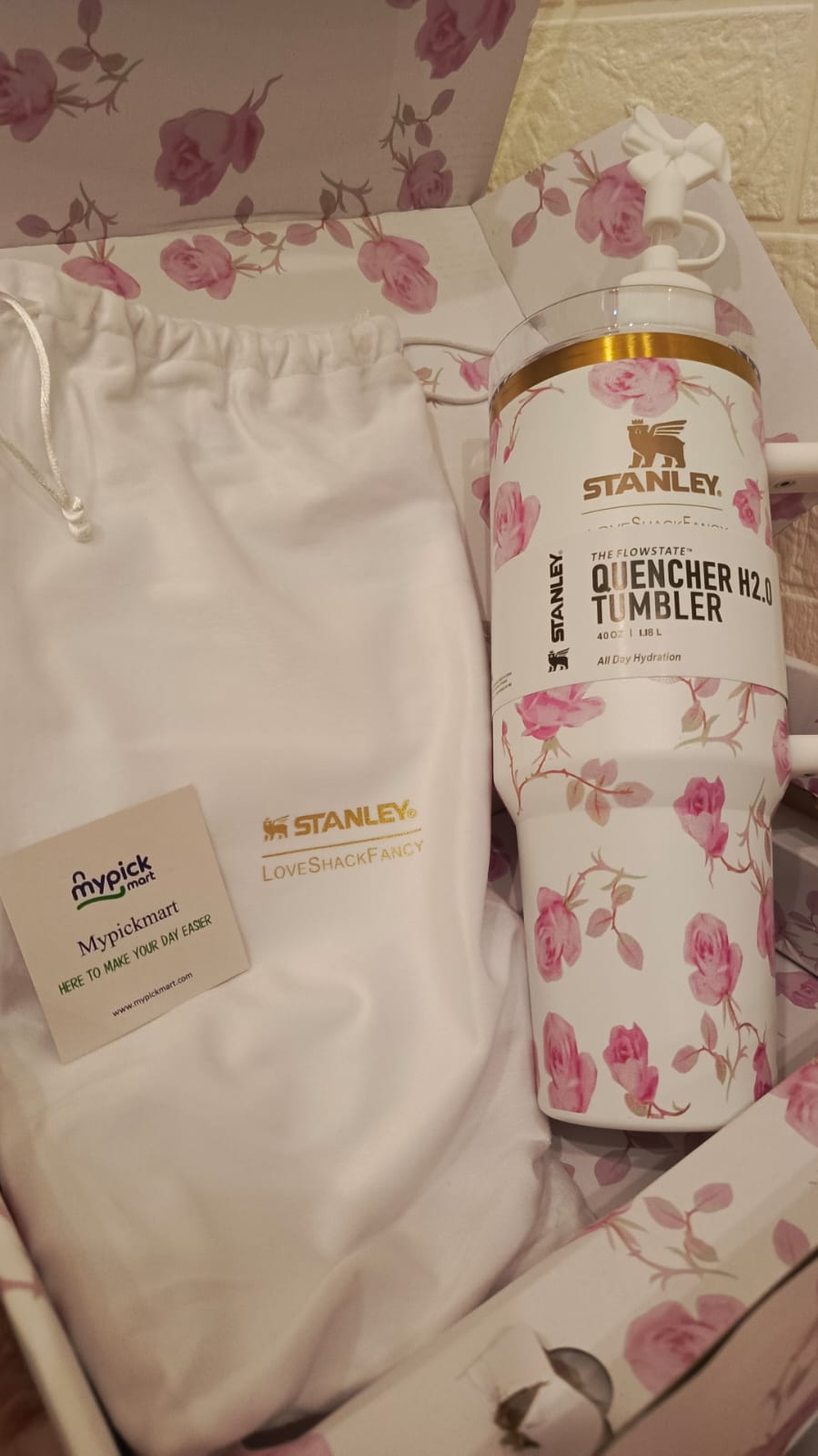 White Stanley Floral LoveShackFancy Ribbon Rose Tumbler