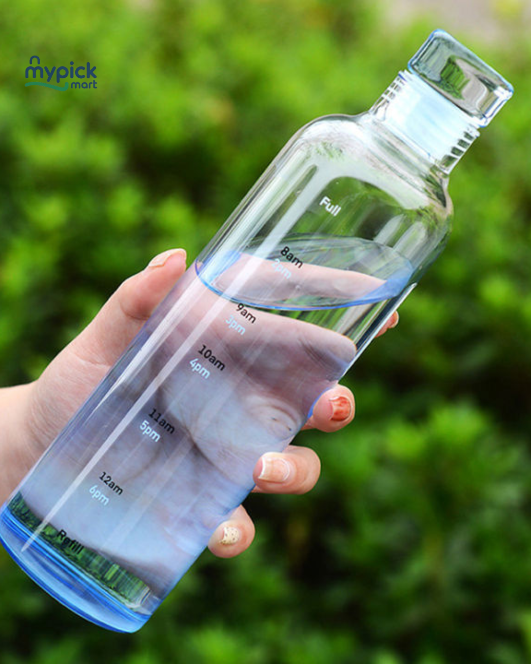 Clear water bottle with measurement markings held by a hand against a green outdoor background