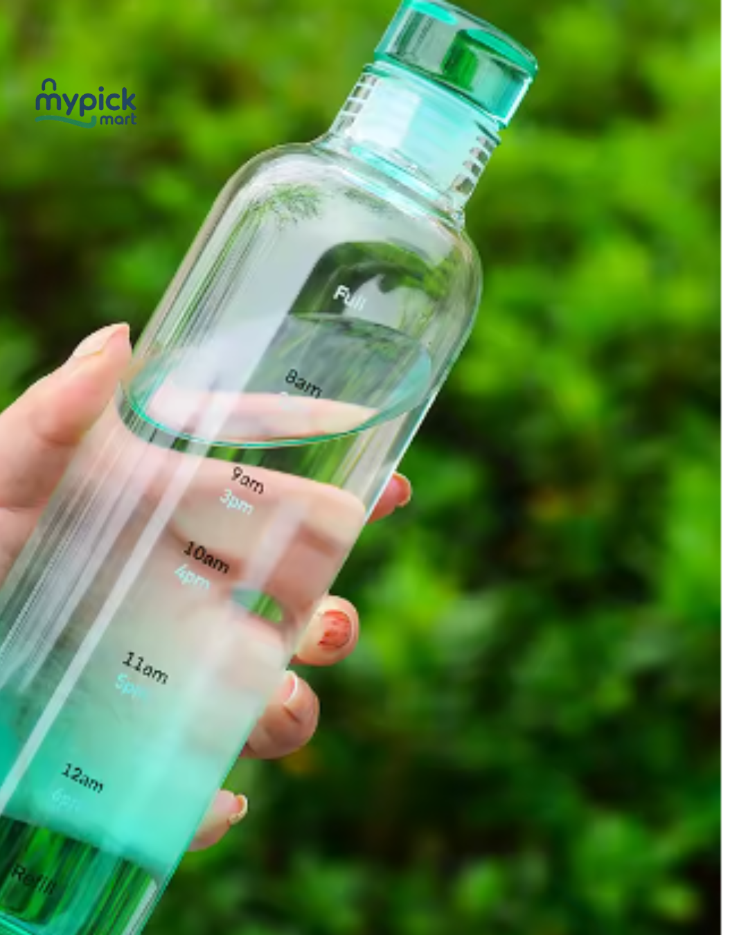 Clear water bottle with green cap held by a hand against a blurred green background