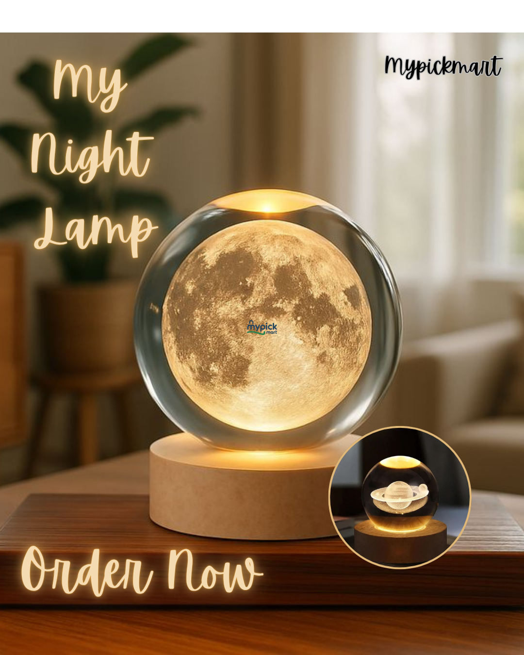 Moon lamp on a wooden base with 'My Night Lamp' text and 'mypickmaut' branding.
