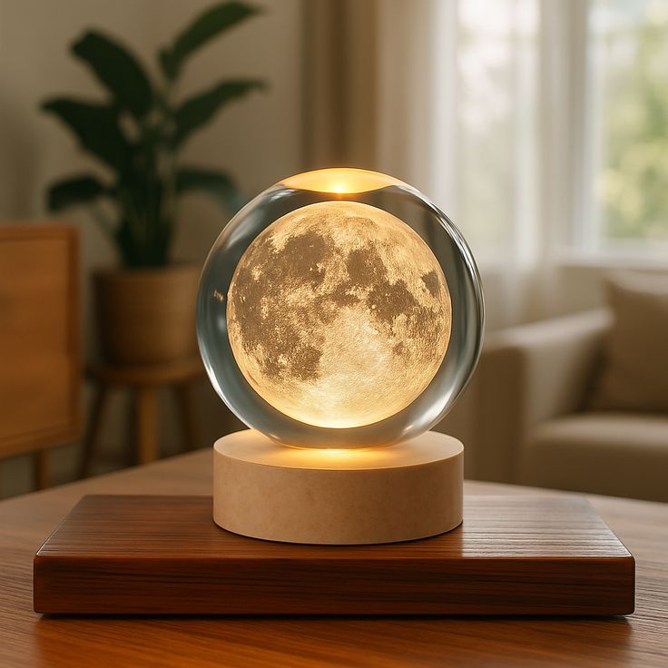 Moon lamp on a wooden base in a home setting with a plant and sofa in the background