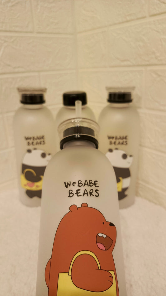 Set of bear-themed water bottles with cartoon characters on a textured  We BABE BEARS Froasted Plastic Bottles surface.